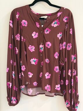 LOFT Floral Blouse Size Small Brown Pink Long Sleeve Button Front NWT